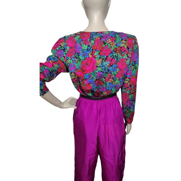 Saks Fifth Avenue Vintage 80s 100% Silk Floral High Shoulder Button-Down Blouse - Picture 4 of 11